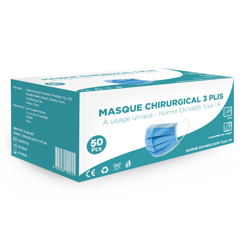 Masque chirurgical type IIR Bleu (5 SACHETS DE 10) (BFE>98%) EN14683:2019